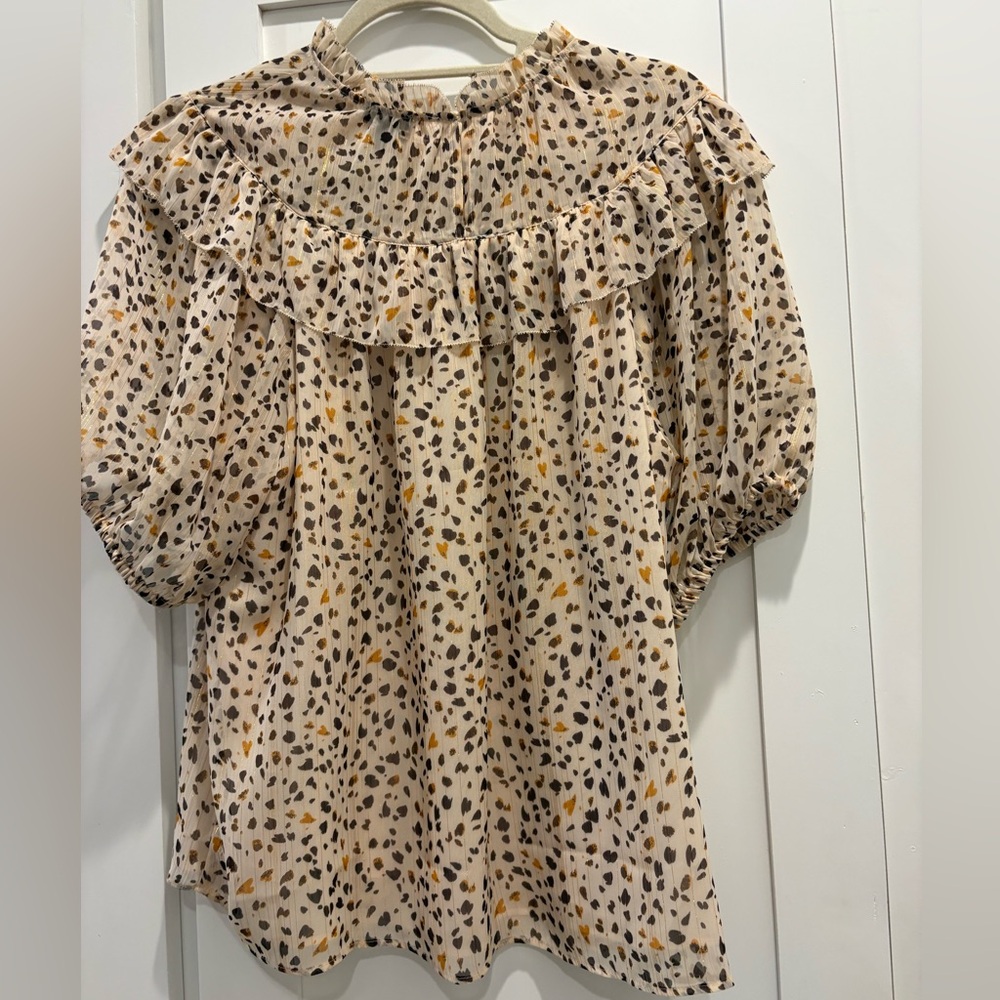 Ann Taylor Cream Ruffle Yoke Blouse with Flecked Print Medium